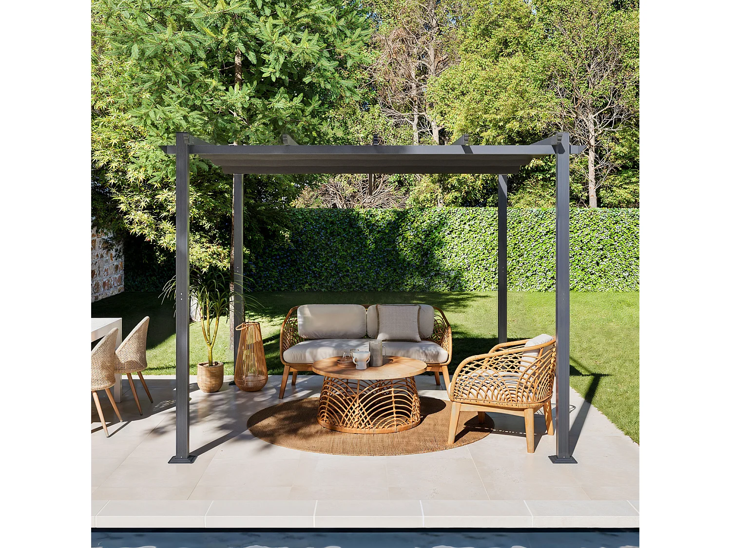 Tonnelle/Pergola aluminium 3x3m toile coulissante rétractable - Gris - BERCY