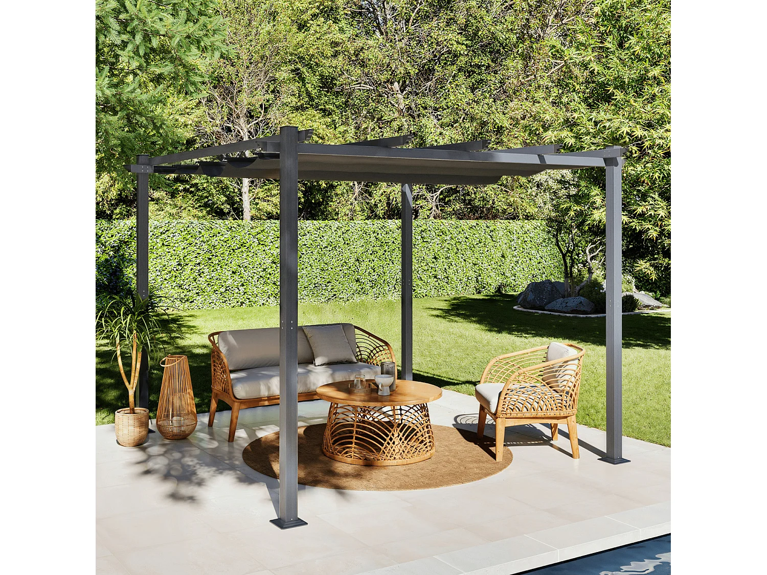 Tonnelle/Pergola aluminium 3x3m toile coulissante rétractable - Gris - BERCY