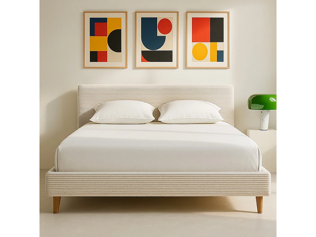 Lit adulte 160x200 cm avec tête de lit capitonnée en velours côtelé beige - Milo