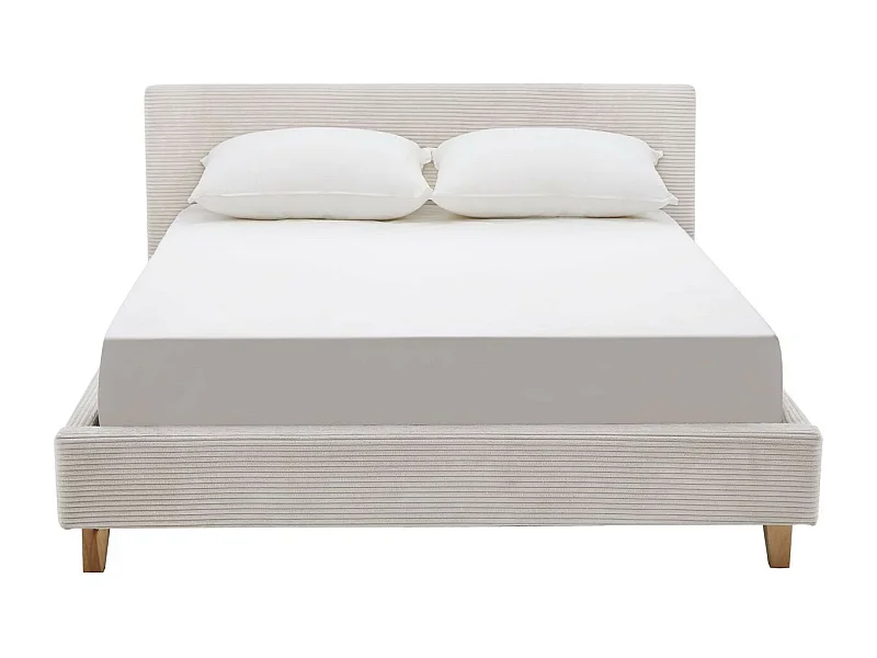 Lit adulte 160x200 cm avec tête de lit capitonnée en velours côtelé beige - Milo