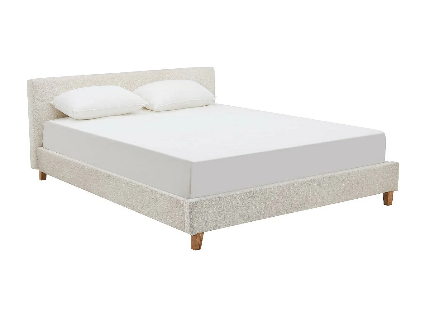 Lit adulte 160x200 cm avec tête de lit capitonnée en tissu bouclé beige - Milo