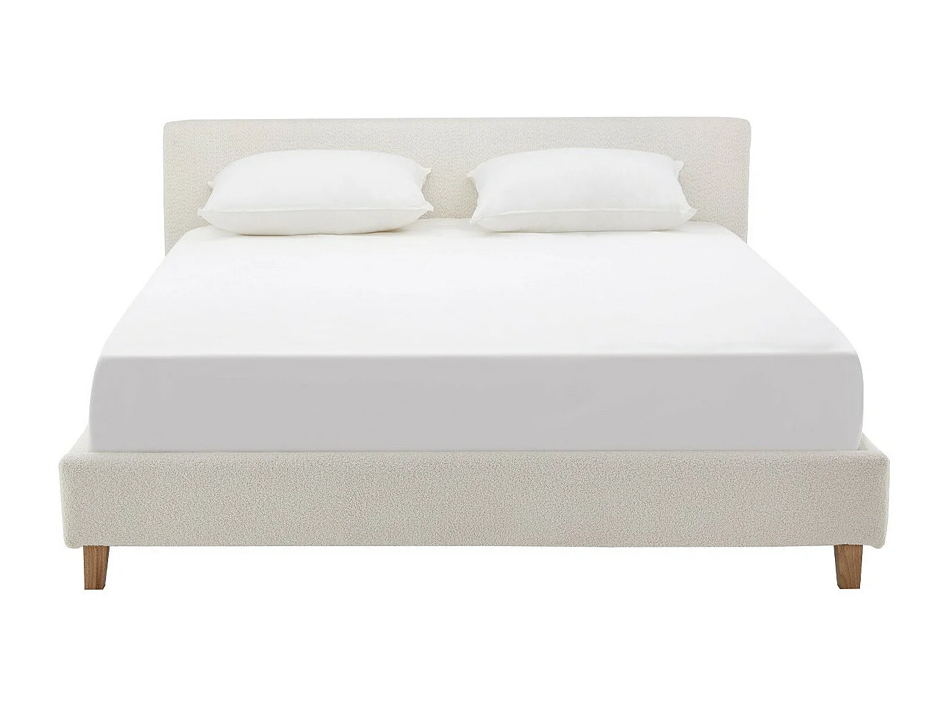 Lit adulte 160x200 cm avec tête de lit capitonnée en tissu bouclé beige - Milo