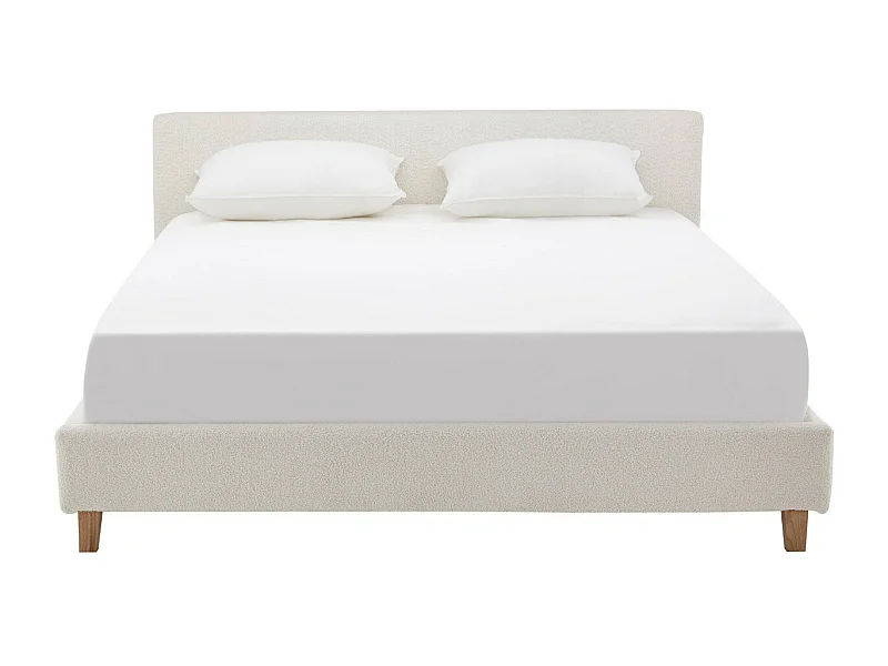 Lit adulte 160x200 cm avec tête de lit capitonnée en tissu bouclé beige - Milo