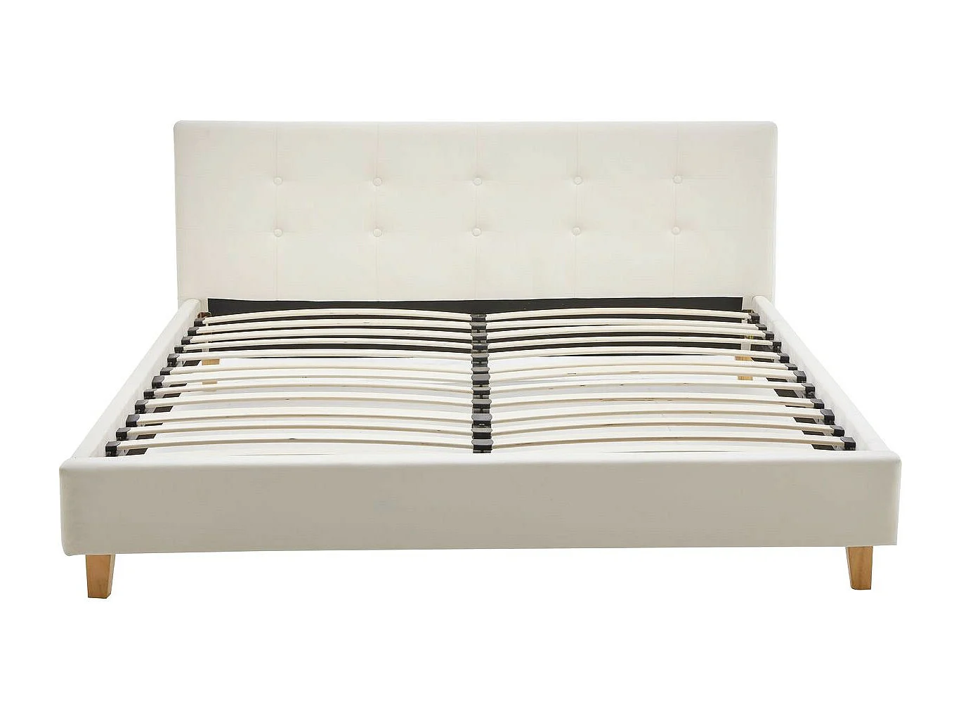 Lit adulte 140x190 cm avec tête de lit capitonnée en velours beige - Milo