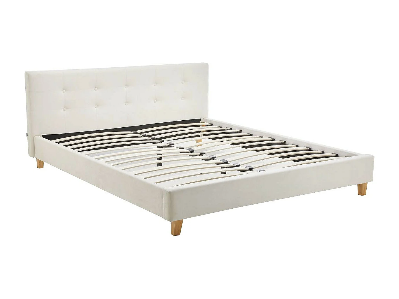 Lit adulte 140x190 cm avec tête de lit capitonnée en velours beige - Milo