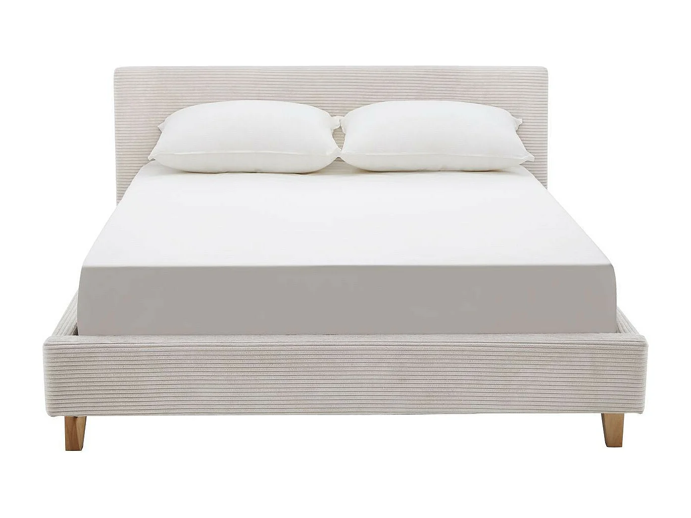 Lit adulte 140x190 cm avec tête de lit capitonnée en velours côtelé beige - Milo