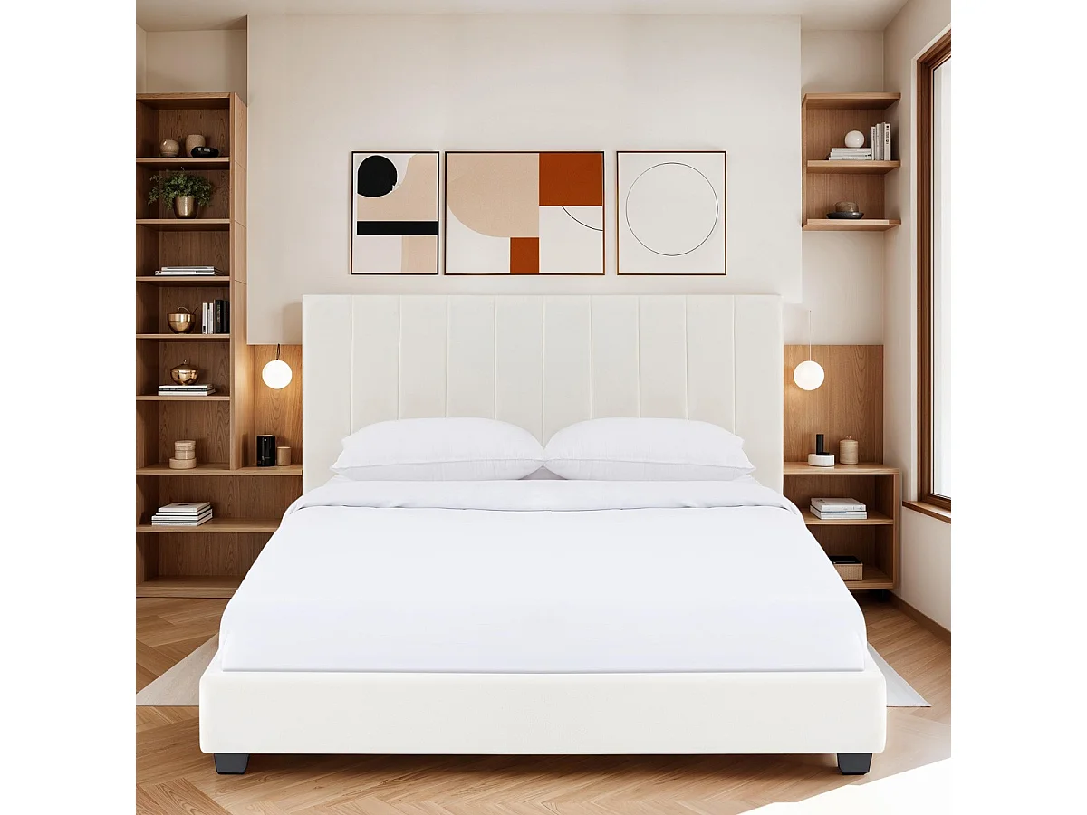 Lit adulte 160x200 cm avec tête de lit capitonnée en velours beige - William