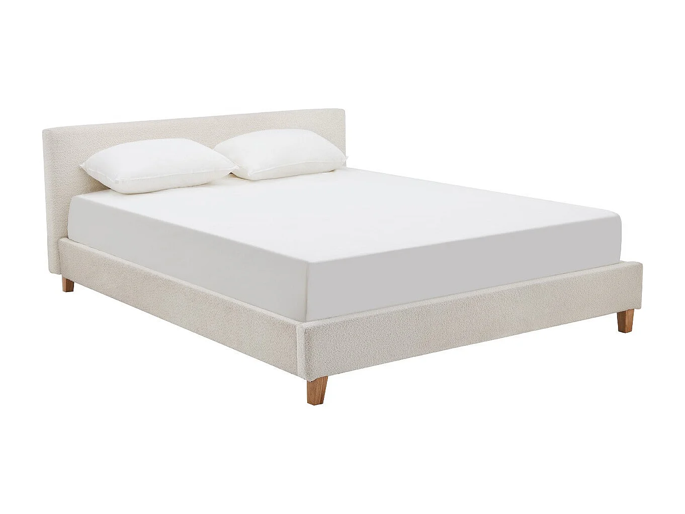 Lit adulte 140x190 cm avec tête de lit capitonnée en tissu bouclé beige - Milo