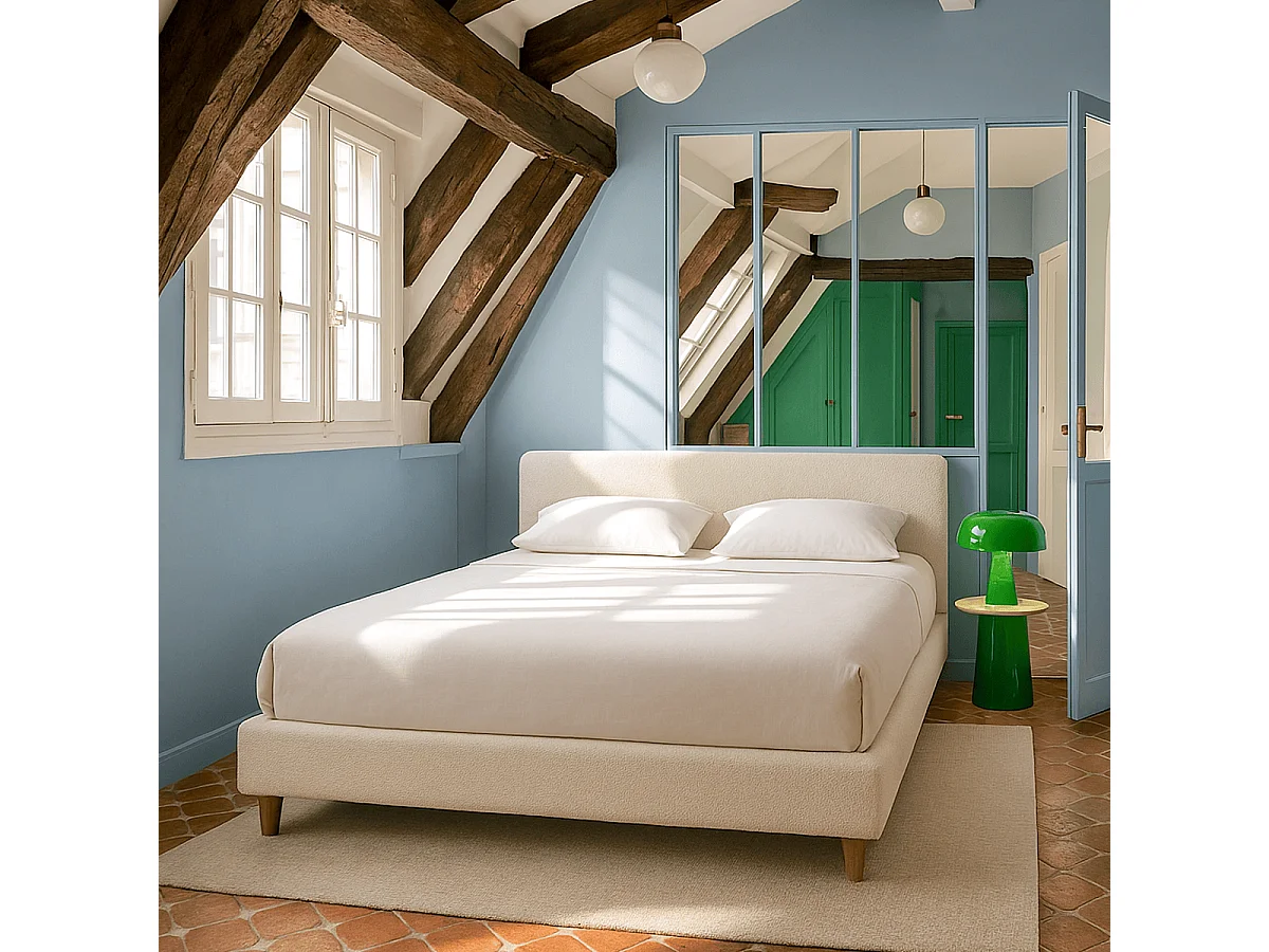 Lit adulte 140x190 cm avec tête de lit capitonnée en tissu bouclé beige - Milo