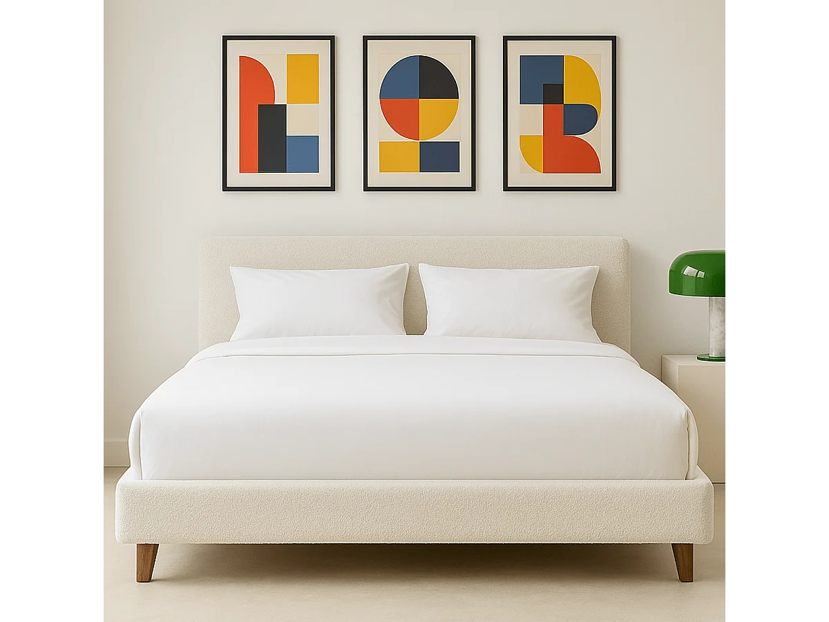 Lit adulte 140x190 cm avec tête de lit capitonnée en tissu bouclé beige - Milo