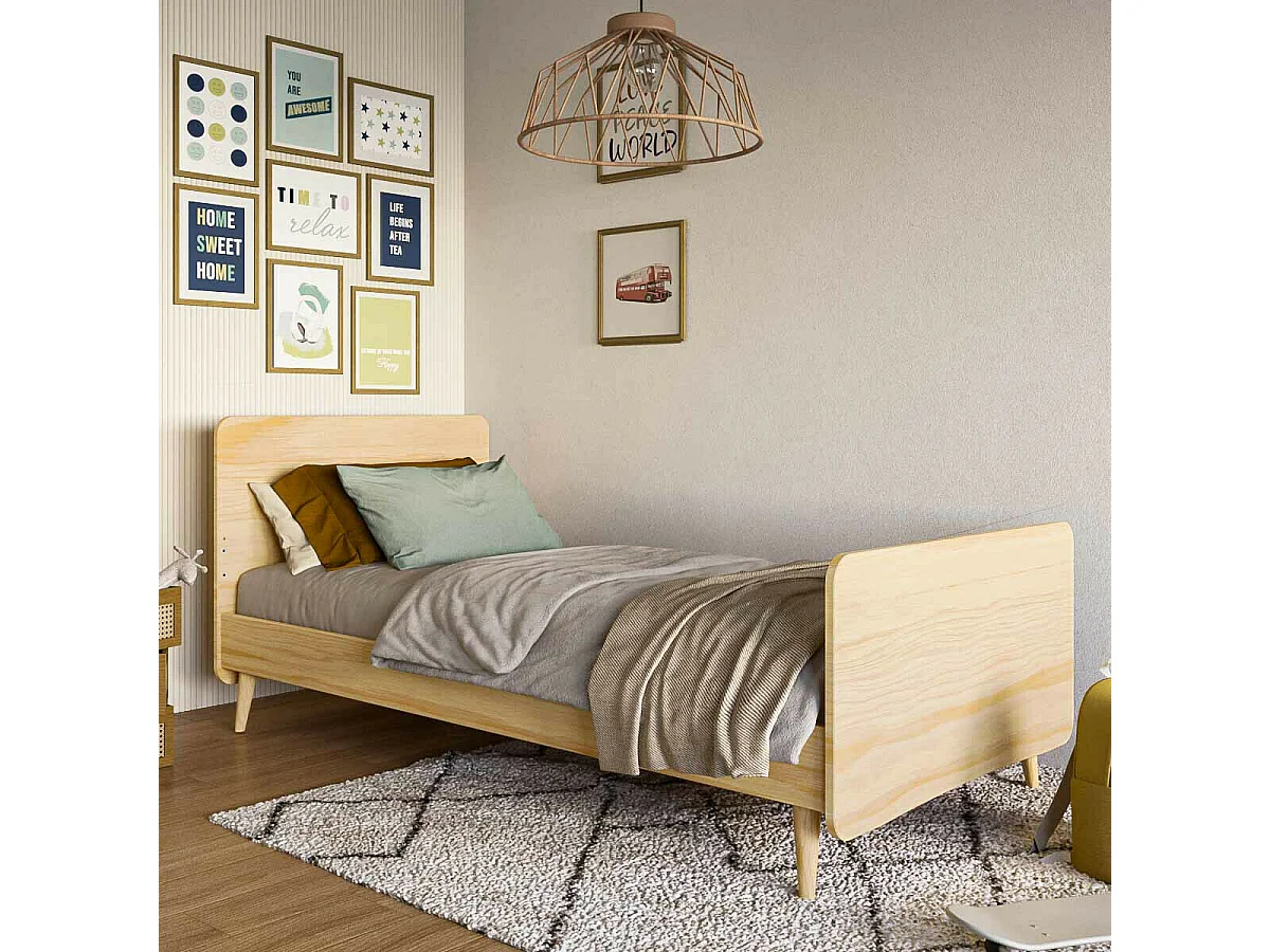 Pack lit enfant avec pieds et matelas 90x190 cm bois massif bois LILOW