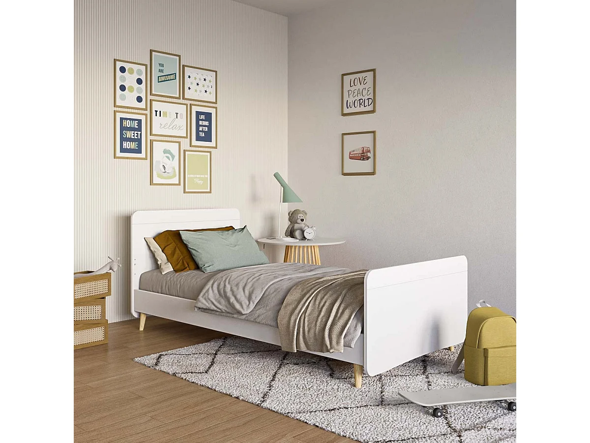 Pack lit enfant avec pieds et matelas 90x200 cm bois massif blanc LILOW