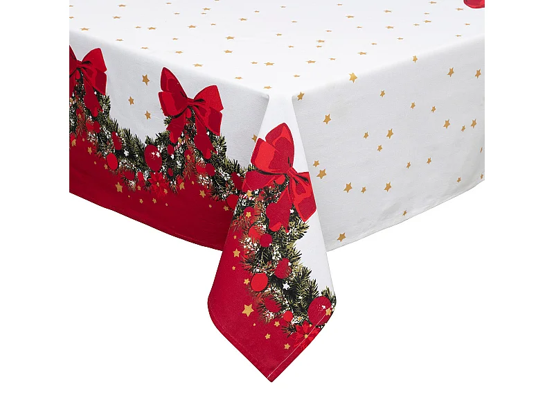 Nappe en Coton Blanc imprimé Guirlande Verte et Noeud Rouge 140 x 360 cm