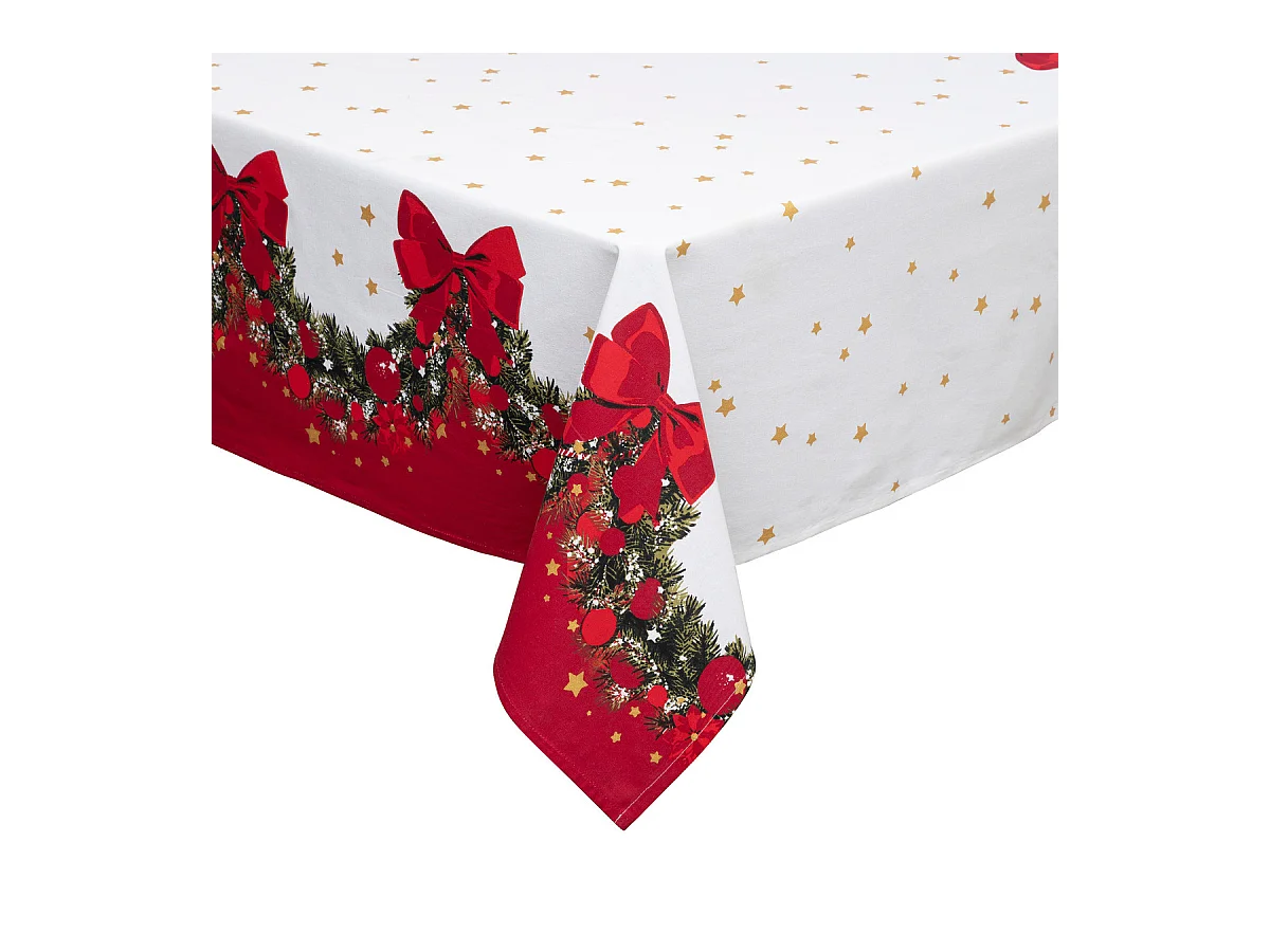 Nappe en Coton Blanc imprimé Guirlande Verte et Noeud Rouge 140 x 360 cm