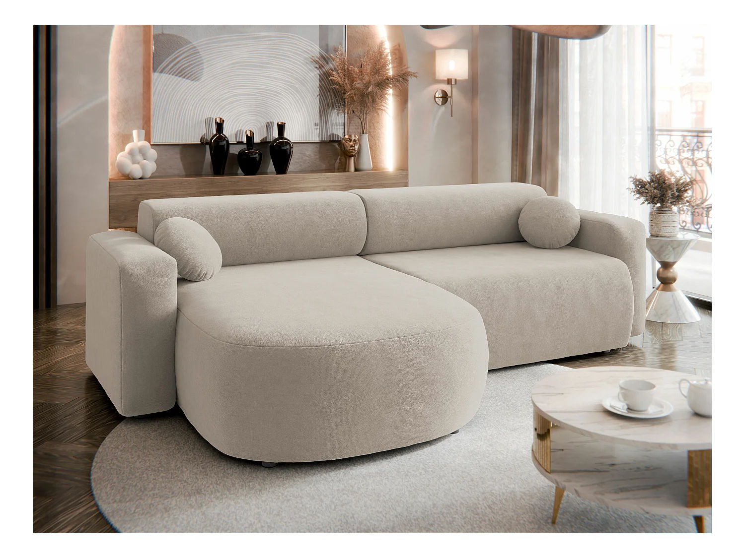 Canapé d'angle Comfivo 413, Brun clair, Fonction de couchage, Boîte de literie, 252x150cm