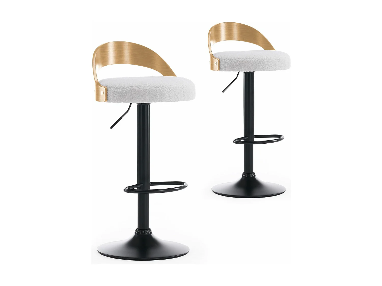 Lot de 2 chaises de bar Yoggi Bois Chêne clair et Tissu bouclette Crème