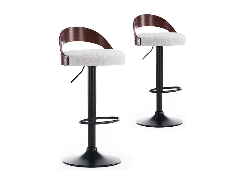 Lot de 2 chaises de bar Yoggi Bois foncé et Tissu bouclette Crème