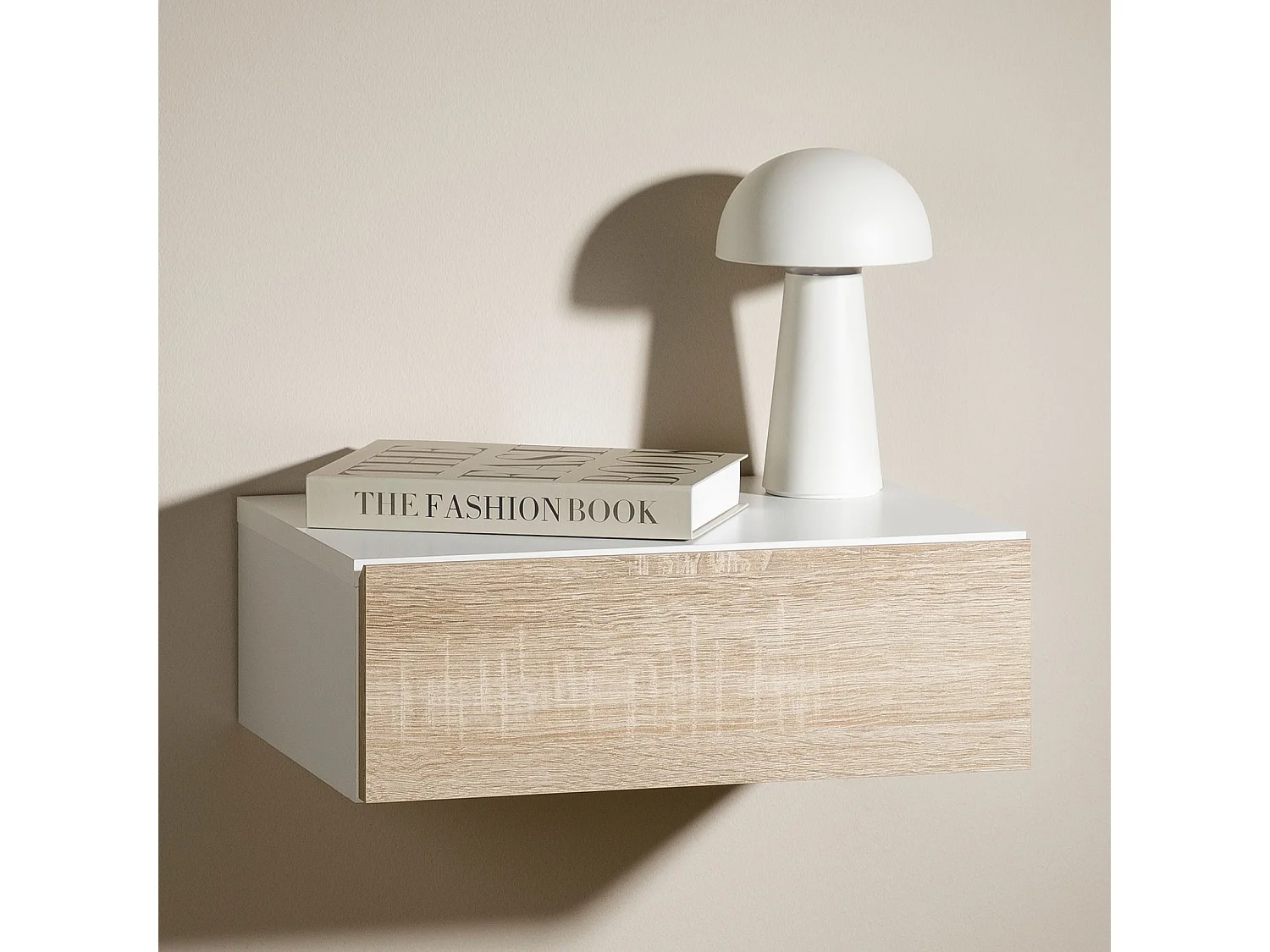 Chevet suspendu OCEANE, en bois blanc et sonoma étagère murale avec 1 tiroir sans poignée