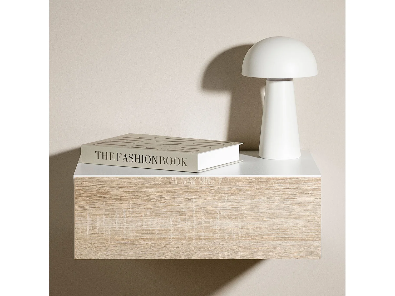 Chevet suspendu OCEANE, en bois blanc et sonoma étagère murale avec 1 tiroir sans poignée