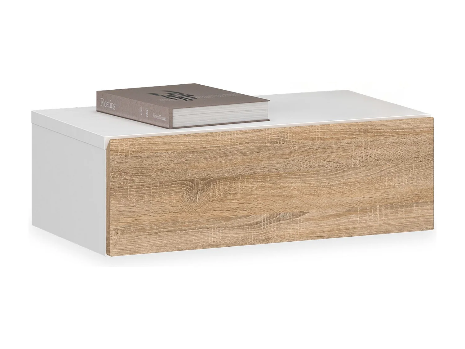 Chevet suspendu OCEANE, en bois blanc et sonoma étagère murale avec 1 tiroir sans poignée