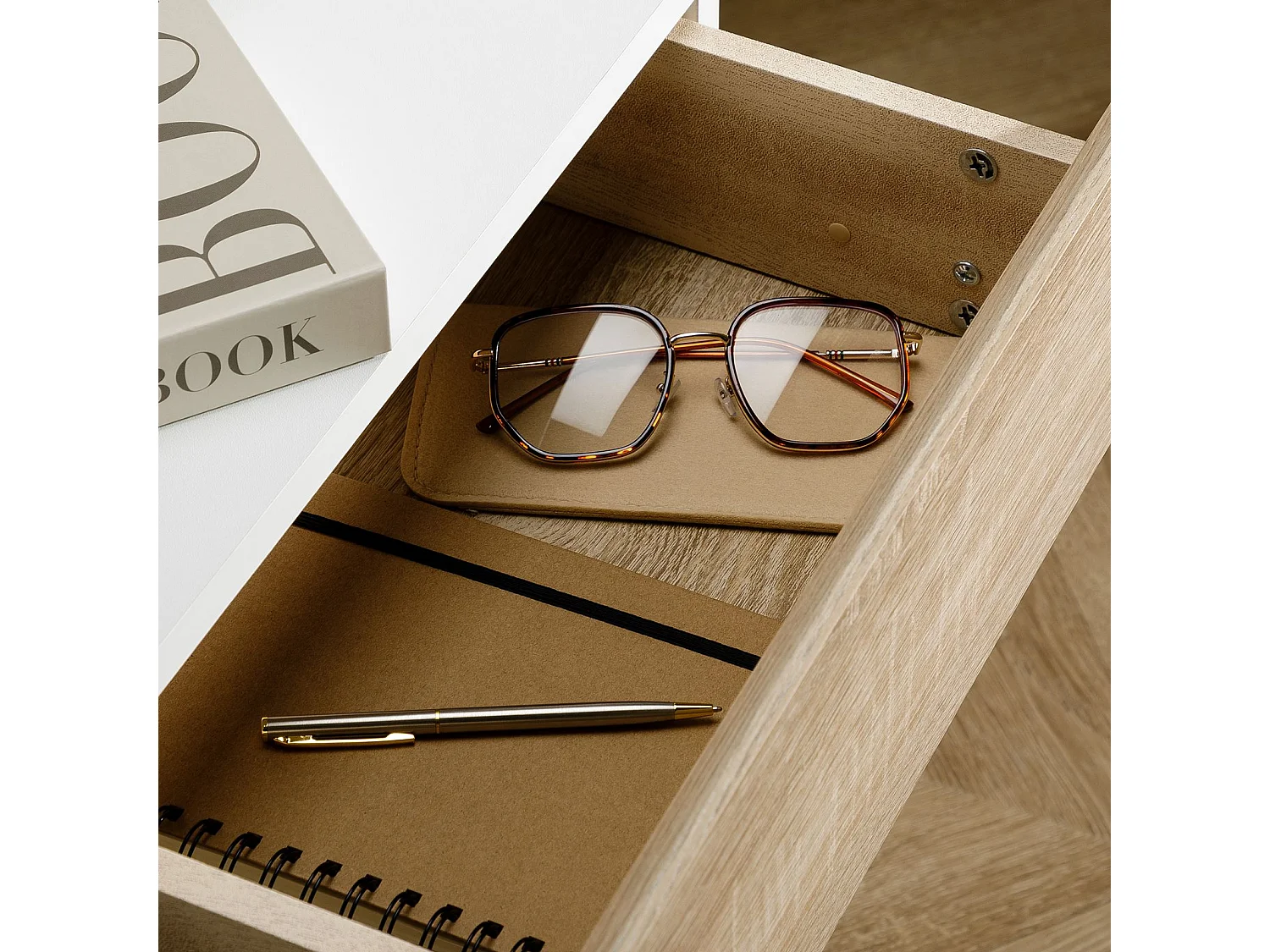 Chevet suspendu OCEANE, en bois blanc et sonoma étagère murale avec 1 tiroir sans poignée