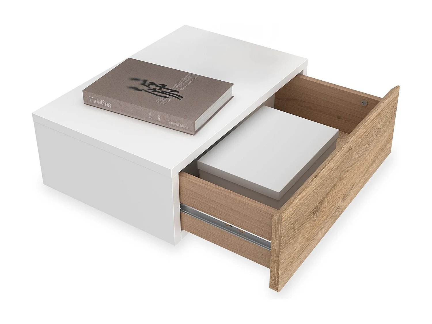 Chevet suspendu OCEANE, en bois blanc et sonoma étagère murale avec 1 tiroir sans poignée