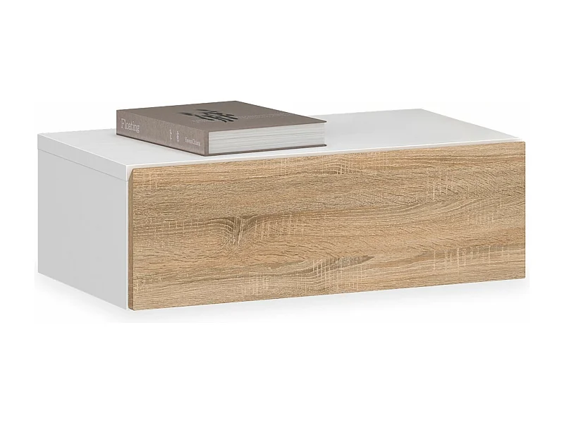 Chevet suspendu OCEANE, en bois blanc et sonoma étagère murale avec 1 tiroir sans poignée