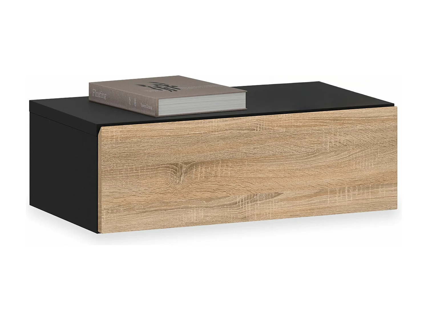 Chevet suspendu OCEANE, en bois noir et sonoma étagère murale avec 1 tiroir sans poignée