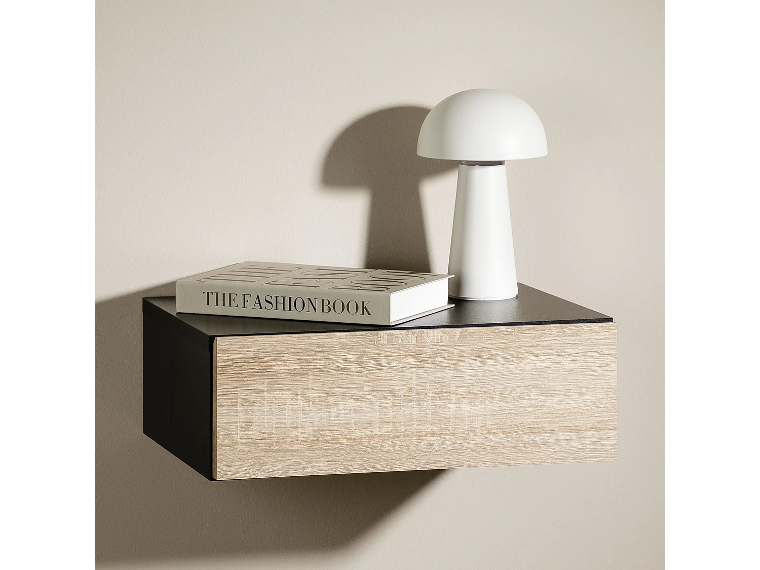 Chevet suspendu OCEANE, en bois noir et sonoma étagère murale avec 1 tiroir sans poignée