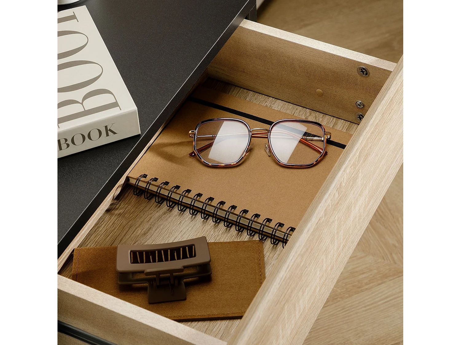 Chevet suspendu OCEANE, en bois noir et sonoma étagère murale avec 1 tiroir sans poignée