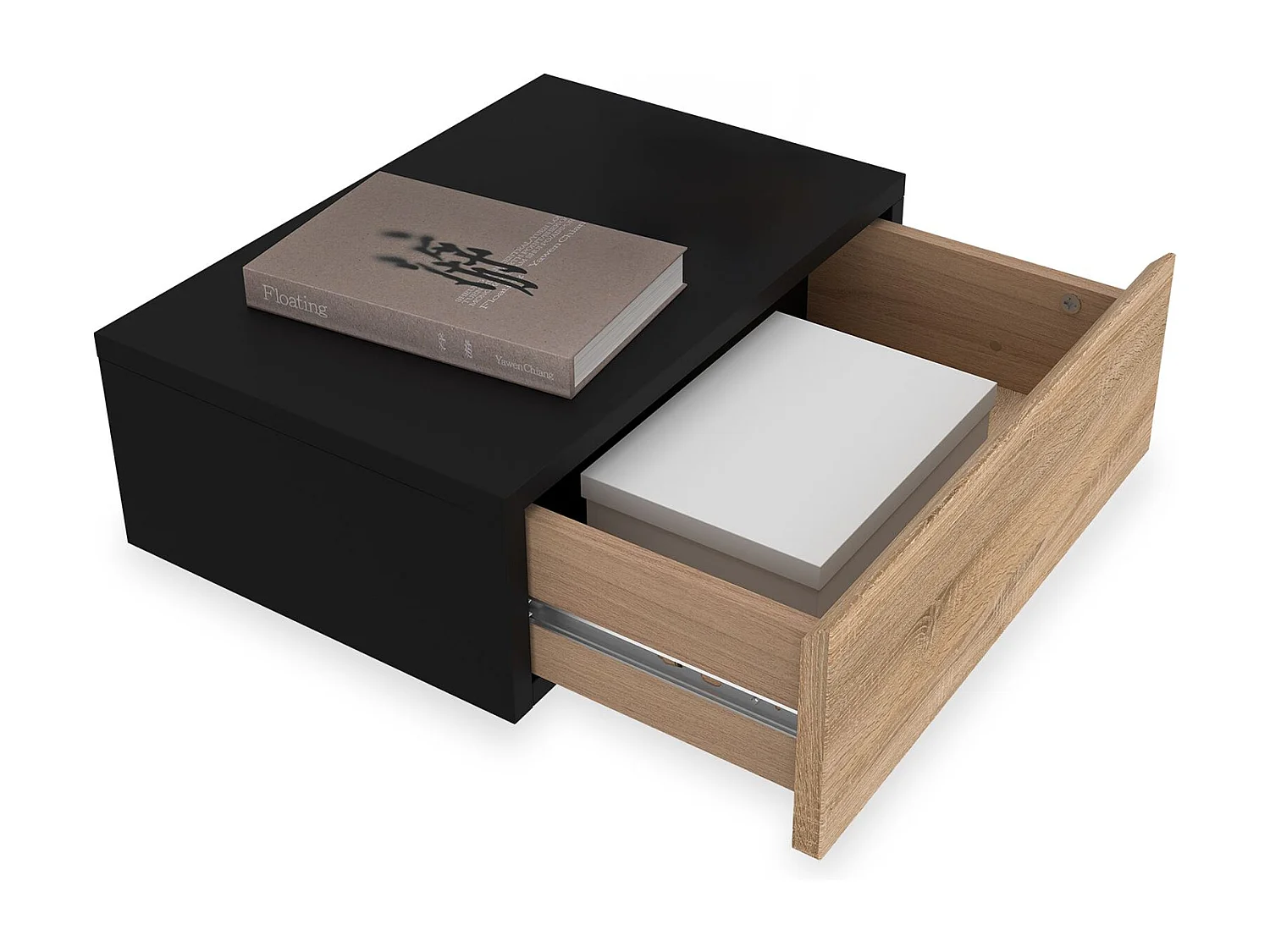 Chevet suspendu OCEANE, en bois noir et sonoma étagère murale avec 1 tiroir sans poignée