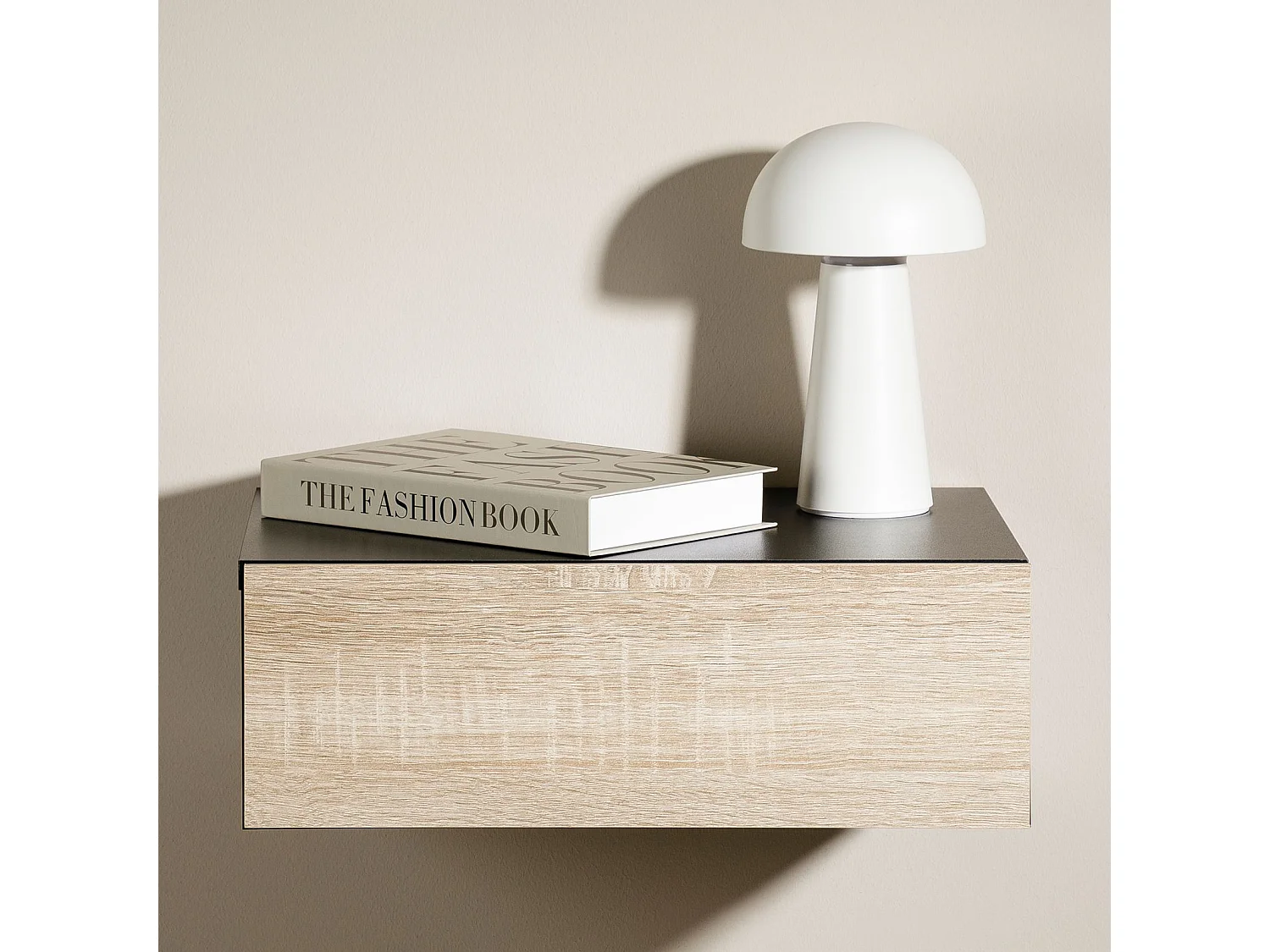 Chevet suspendu OCEANE, en bois noir et sonoma étagère murale avec 1 tiroir sans poignée