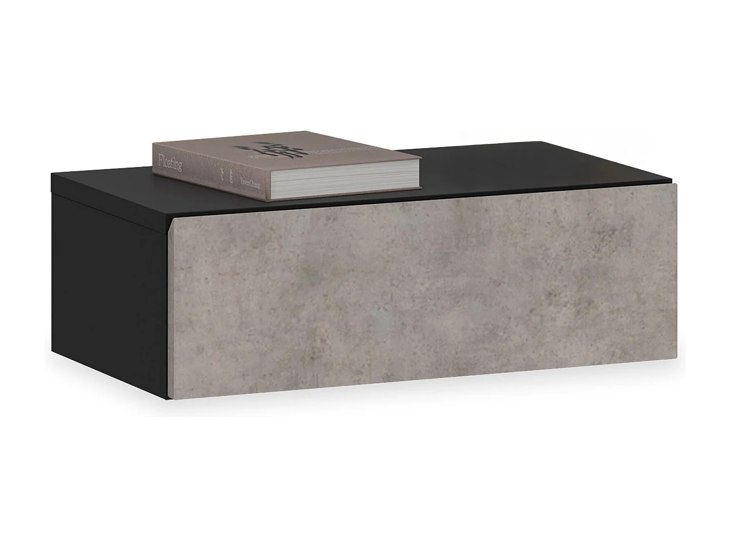 Chevet suspendu OCEANE, en bois noir et béton étagère murale avec 1 tiroir sans poignée