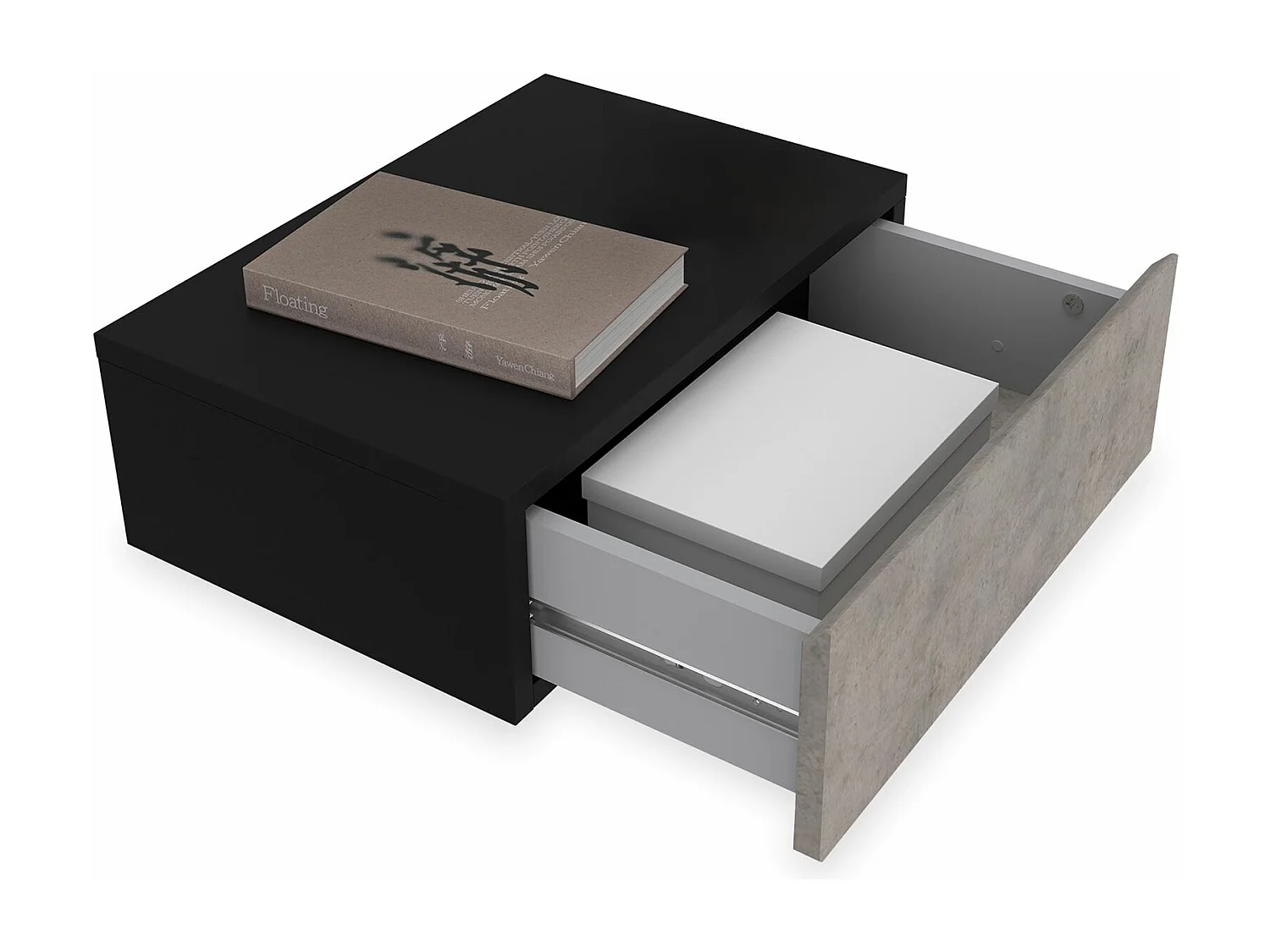 Chevet suspendu OCEANE, en bois noir et béton étagère murale avec 1 tiroir sans poignée