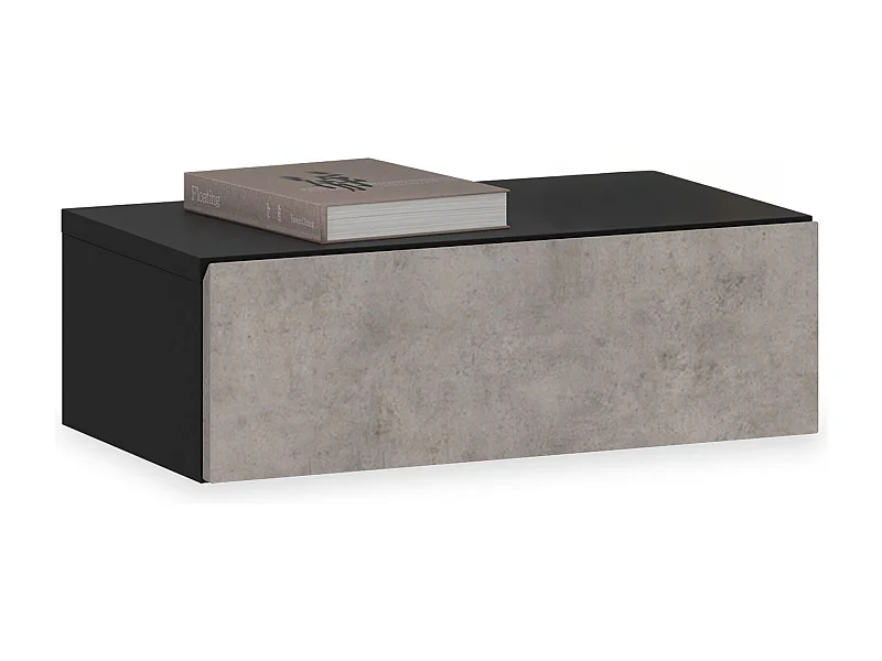 Chevet suspendu OCEANE, en bois noir et béton étagère murale avec 1 tiroir sans poignée