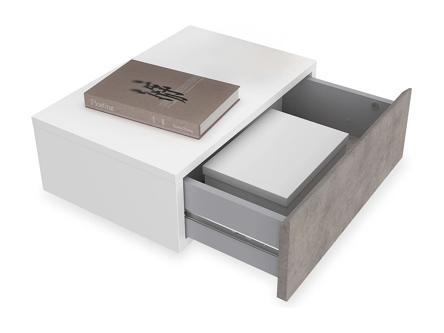 Chevet suspendu OCEANE, en bois blanc et béton étagère murale avec 1 tiroir sans poignée