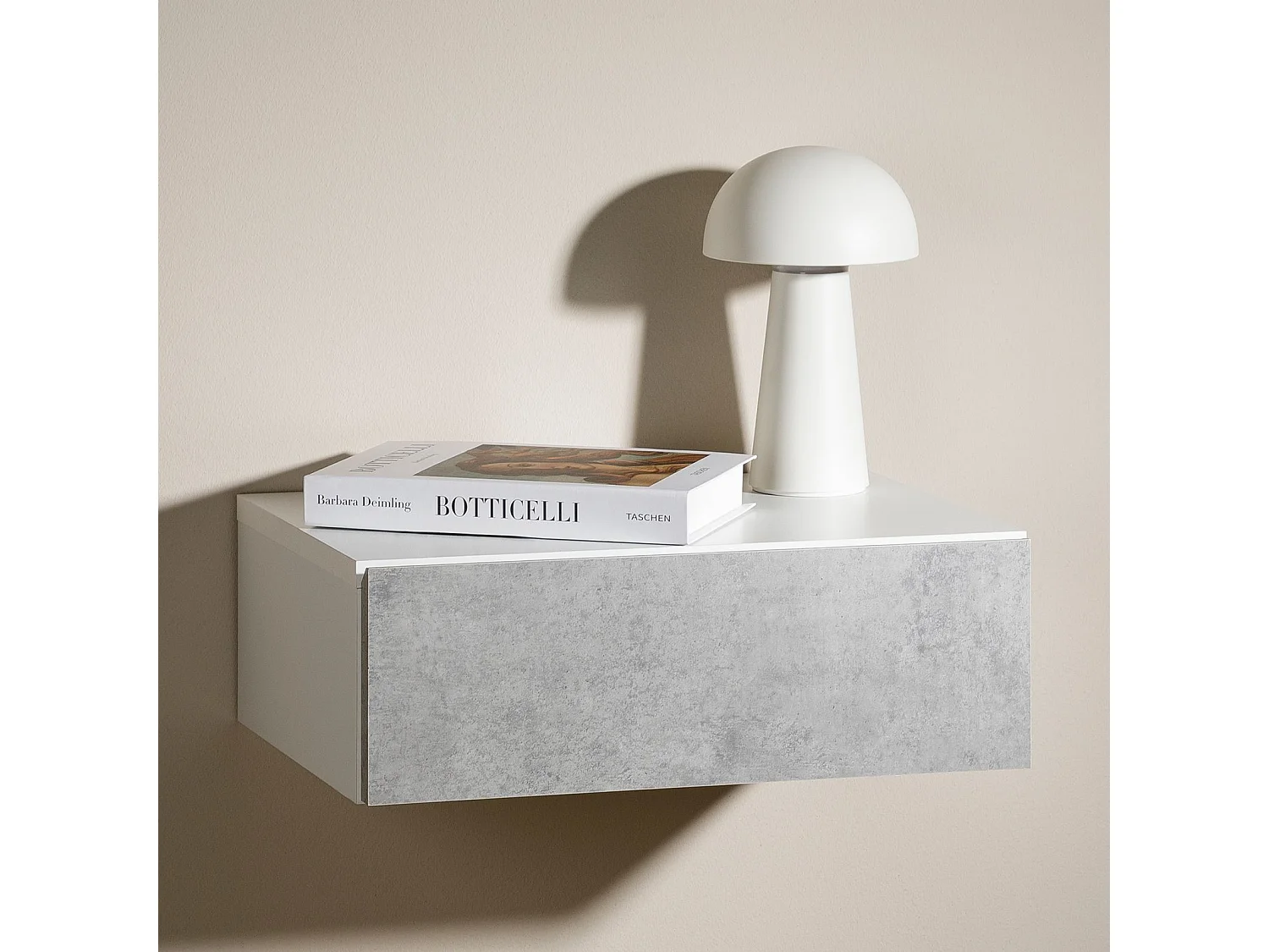 Chevet suspendu OCEANE, en bois blanc et béton étagère murale avec 1 tiroir sans poignée