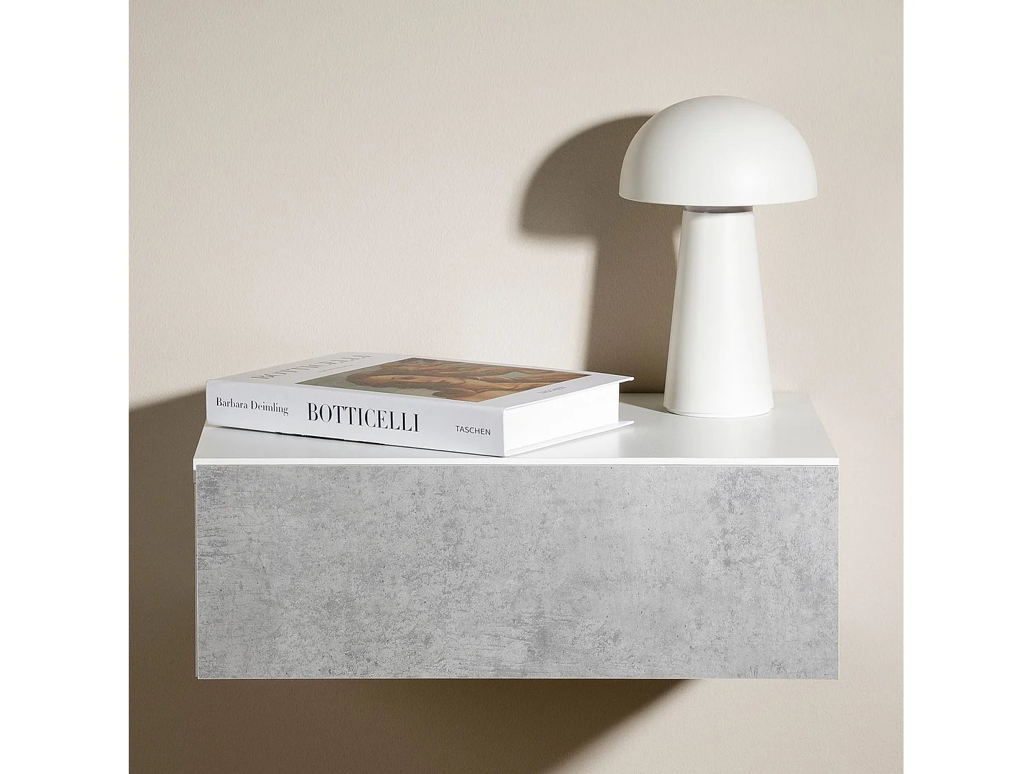 Chevet suspendu OCEANE, en bois blanc et béton étagère murale avec 1 tiroir sans poignée