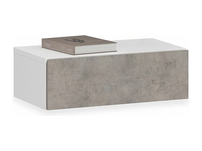 Chevet suspendu OCEANE, en bois blanc et béton étagère murale avec 1 tiroir sans poignée
