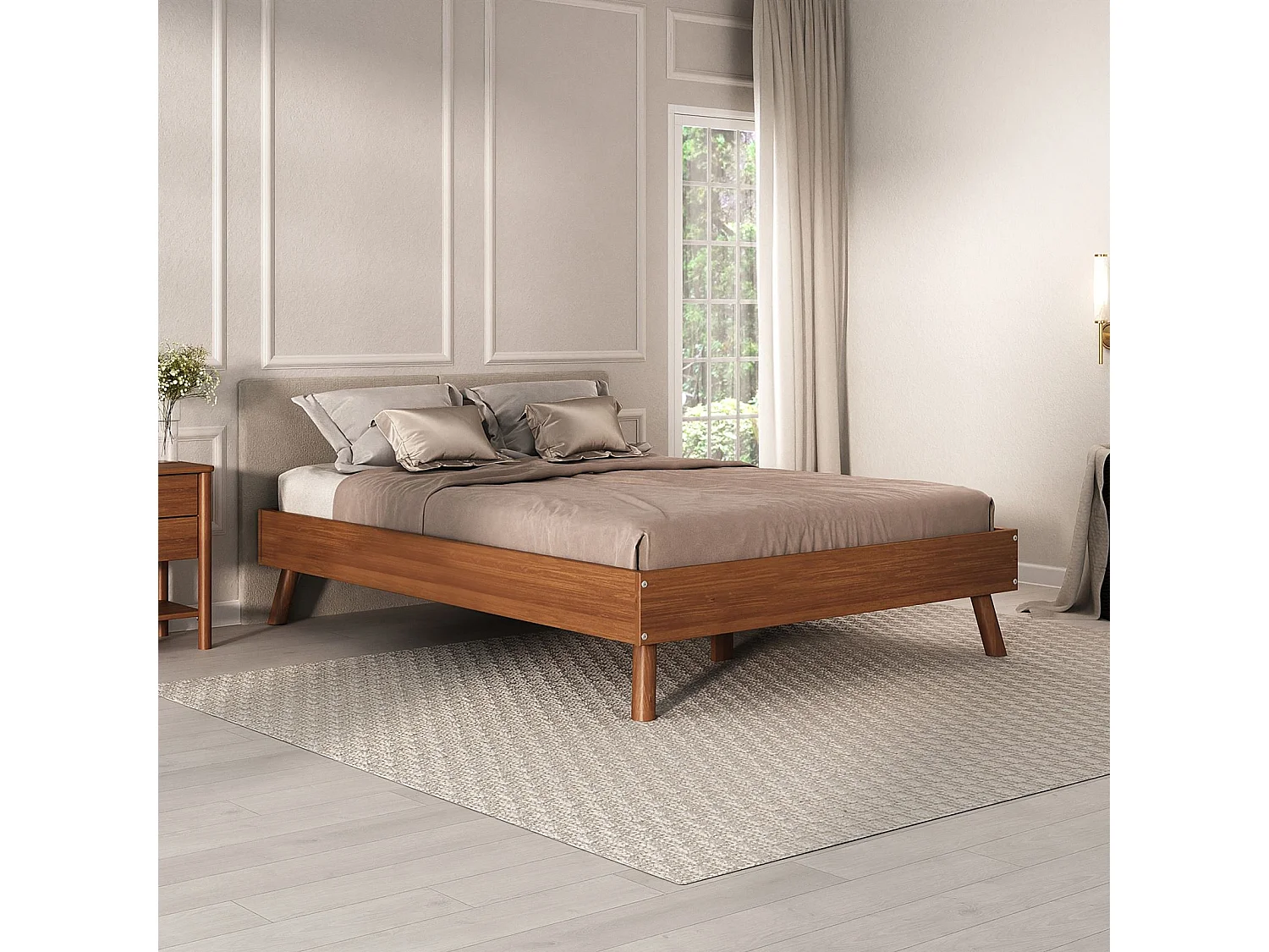 Lit futon KARRI double pour adulte 140 x 200 cm, 2 places, en bois massif, coloris châtaignier