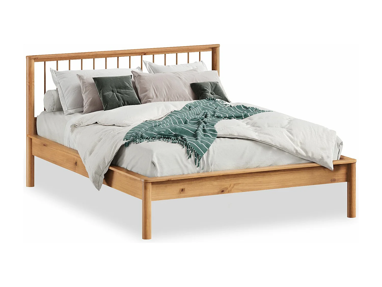 Lit 140 x 200 avec sommier APOANA en bois massif coloris chêne, cadre robuste avec tête de lit à barreaux