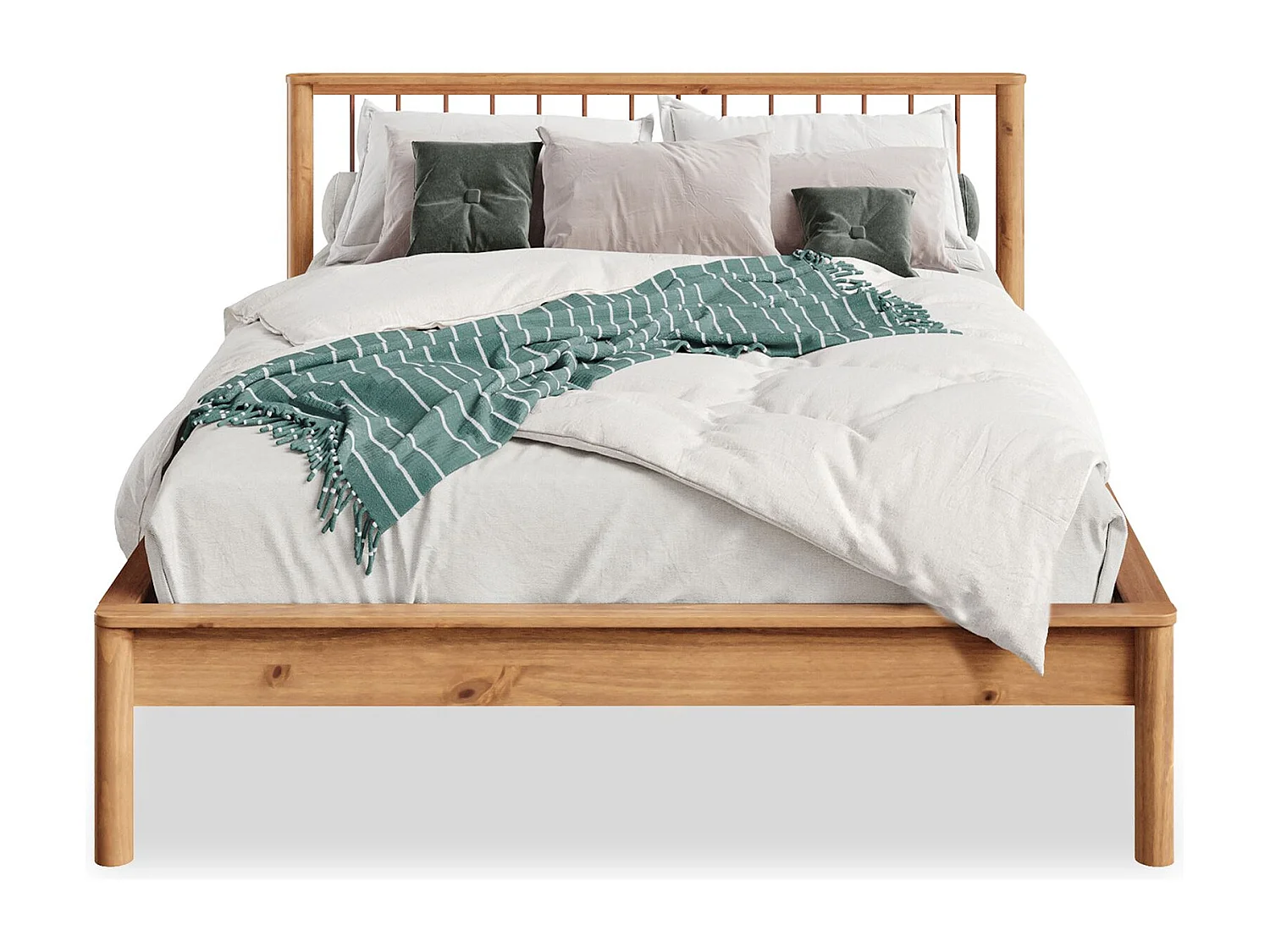 Lit 140 x 200 avec sommier APOANA en bois massif coloris chêne, cadre robuste avec tête de lit à barreaux