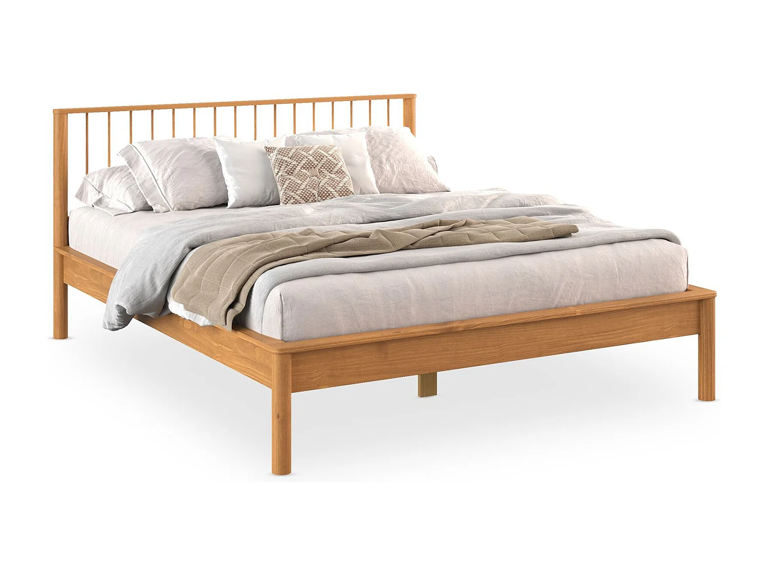 Lit 140 x 200 avec sommier APOANA en bois massif coloris chêne, cadre robuste avec tête de lit à barreaux