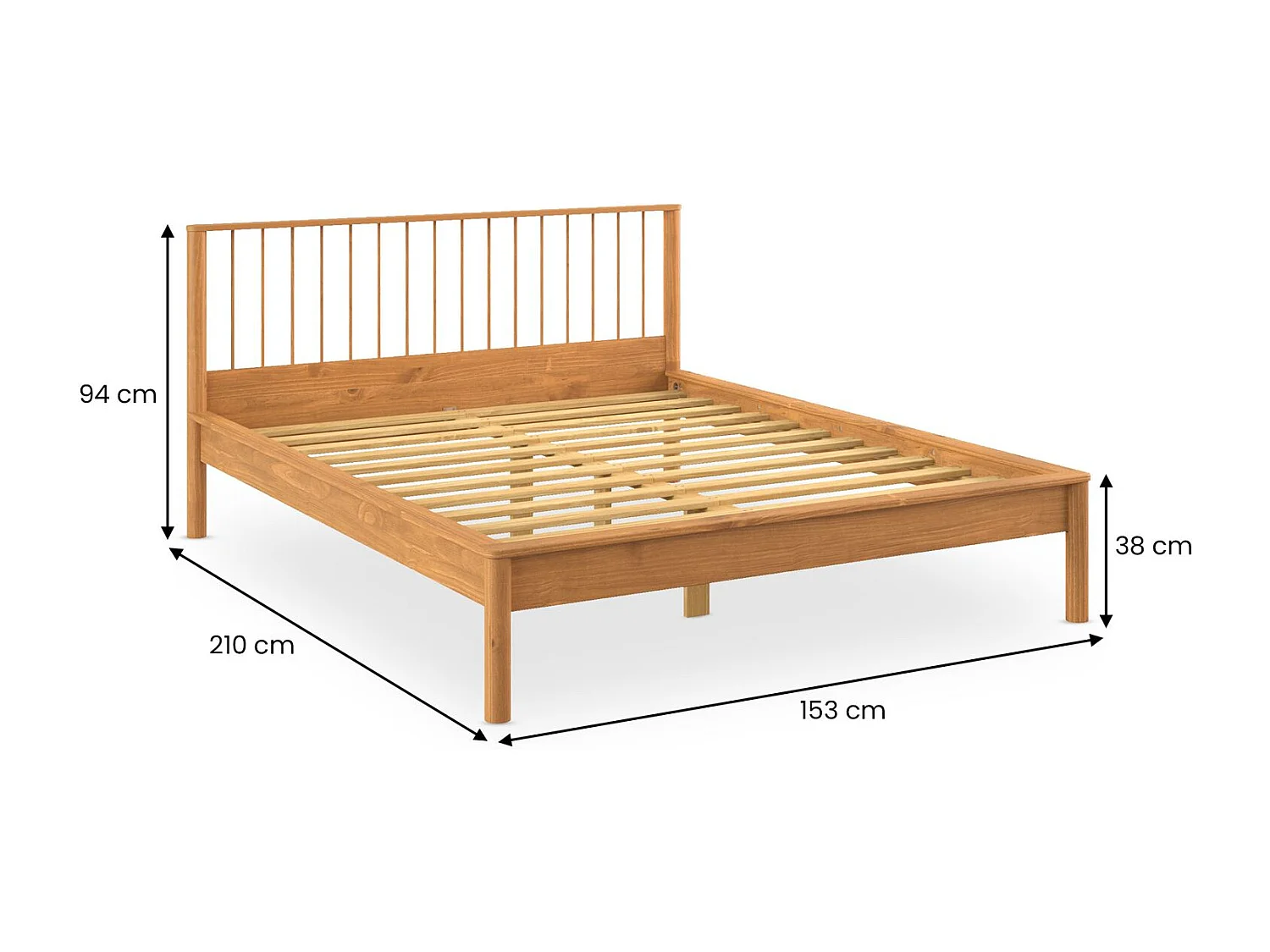 Lit 140 x 200 avec sommier APOANA en bois massif coloris chêne, cadre robuste avec tête de lit à barreaux
