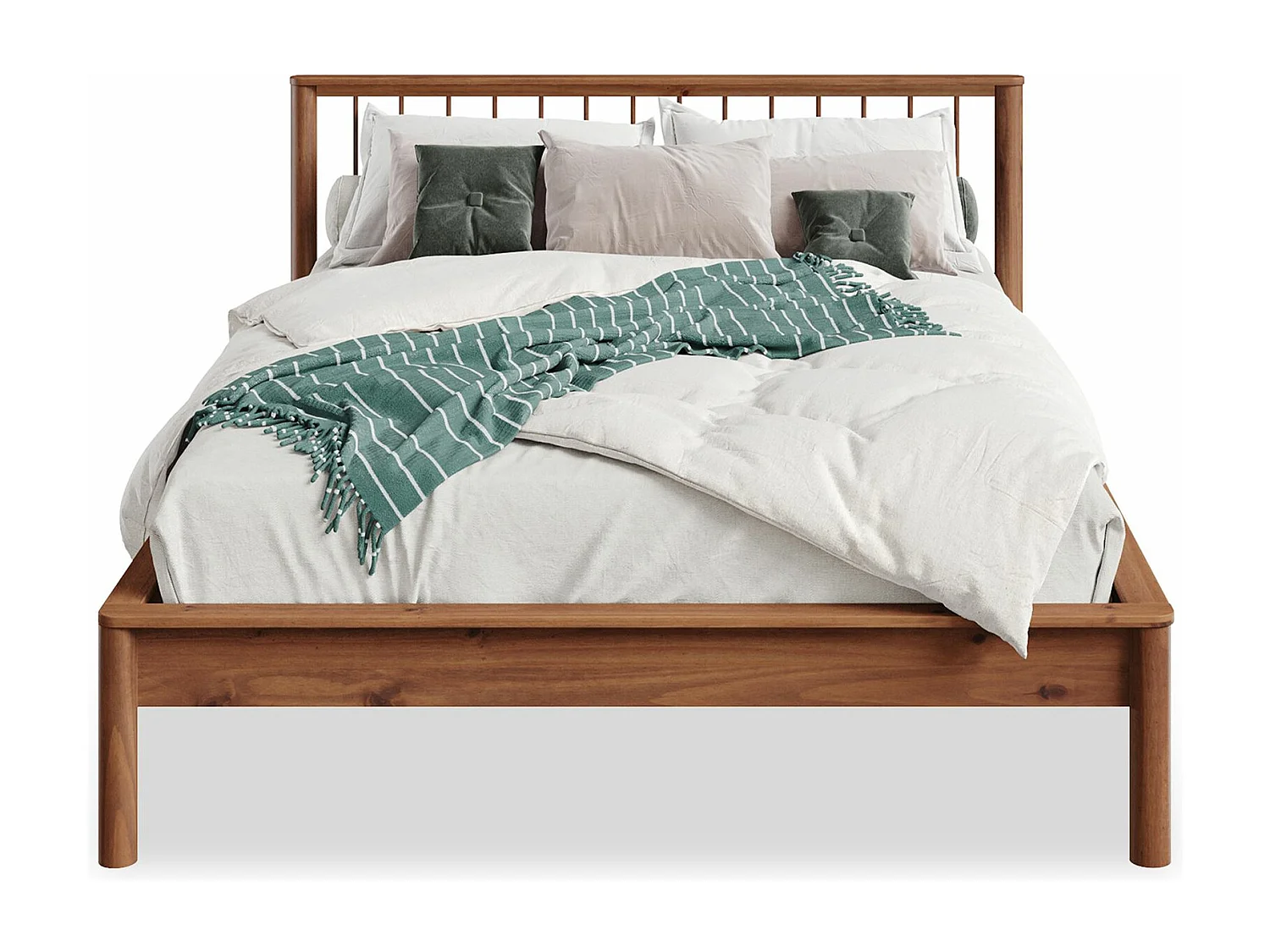 Lit 140 x 200 avec sommier APOANA en bois massif coloris châtaignier, cadre robuste avec tête de lit à barreaux