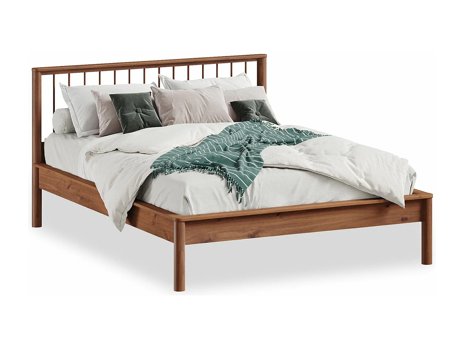 Lit 140 x 200 avec sommier APOANA en bois massif coloris châtaignier, cadre robuste avec tête de lit à barreaux