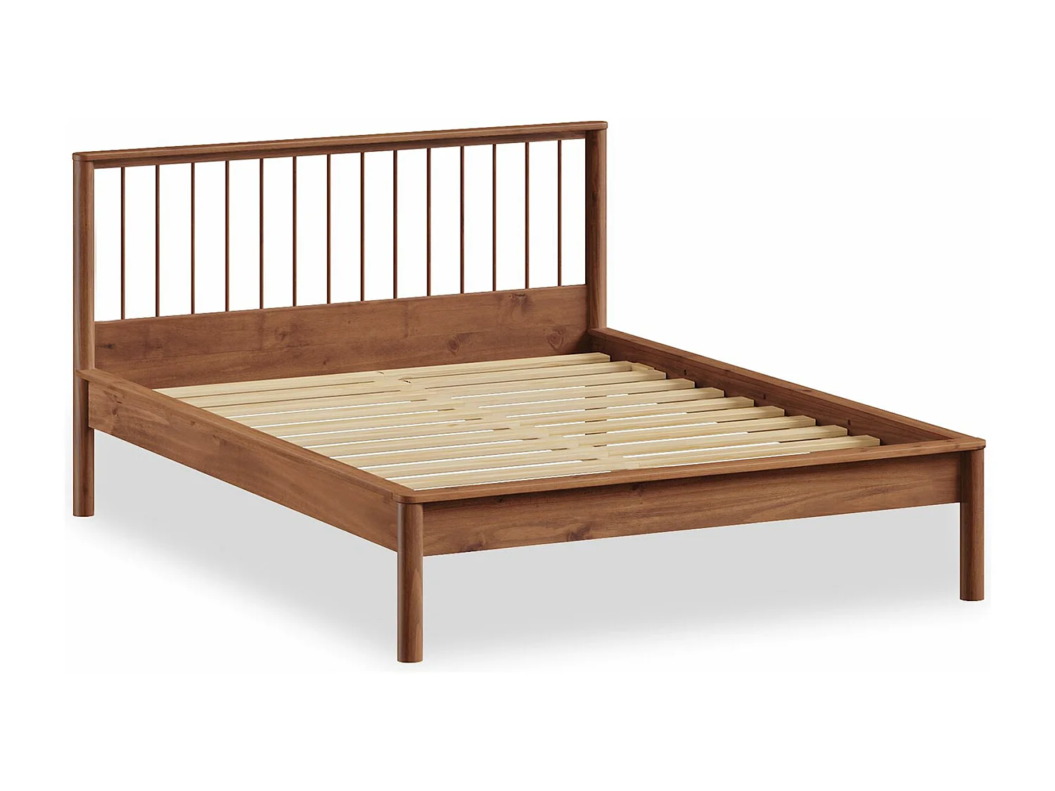 Lit 140 x 200 avec sommier APOANA en bois massif coloris châtaignier, cadre robuste avec tête de lit à barreaux