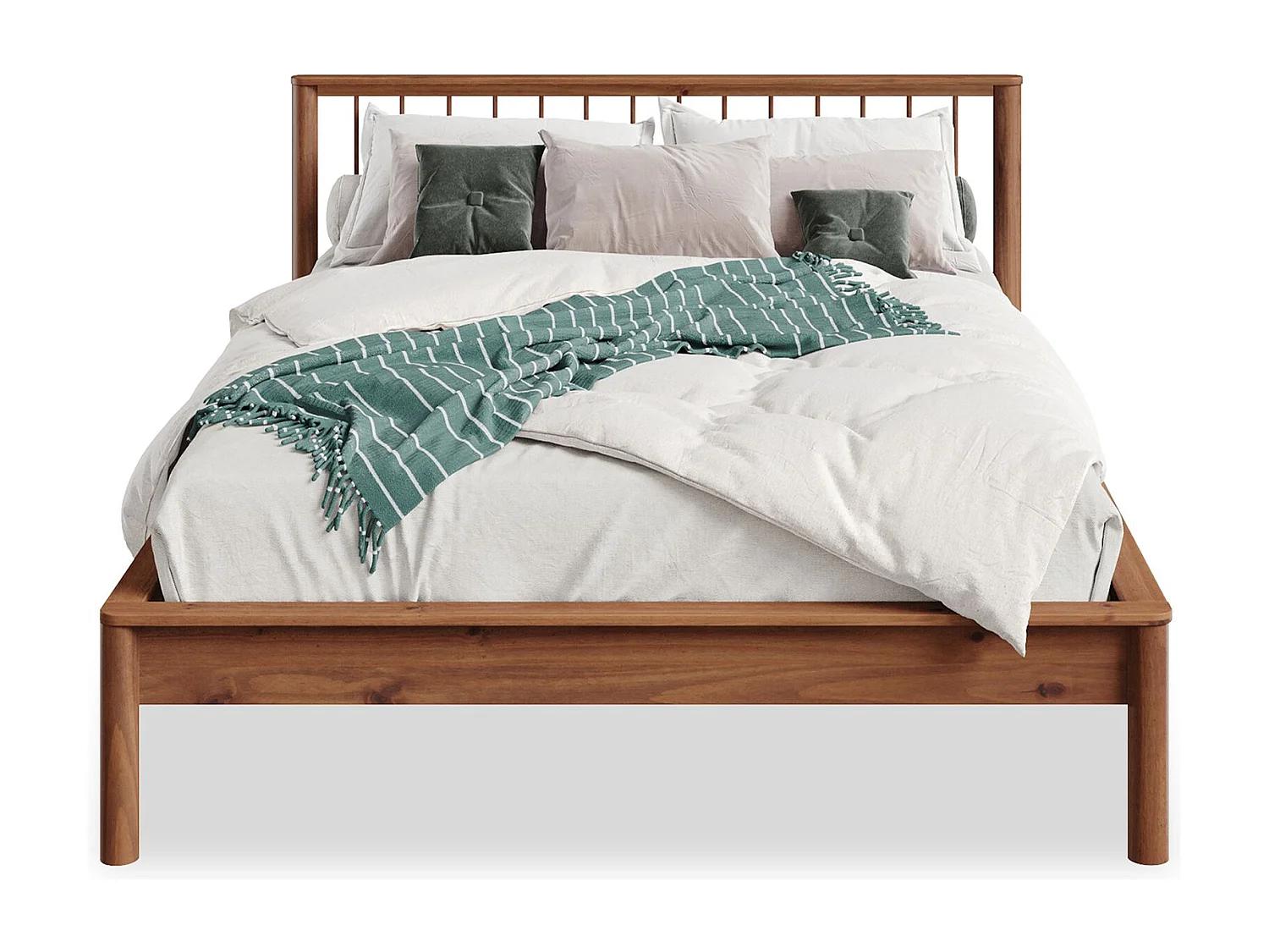 Lit 140 x 200 avec sommier APOANA en bois massif coloris châtaignier, cadre robuste avec tête de lit à barreaux