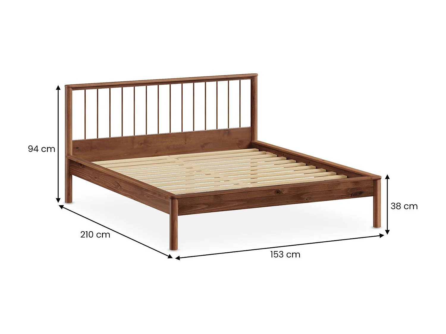 Lit 140 x 200 avec sommier APOANA en bois massif coloris châtaignier, cadre robuste avec tête de lit à barreaux