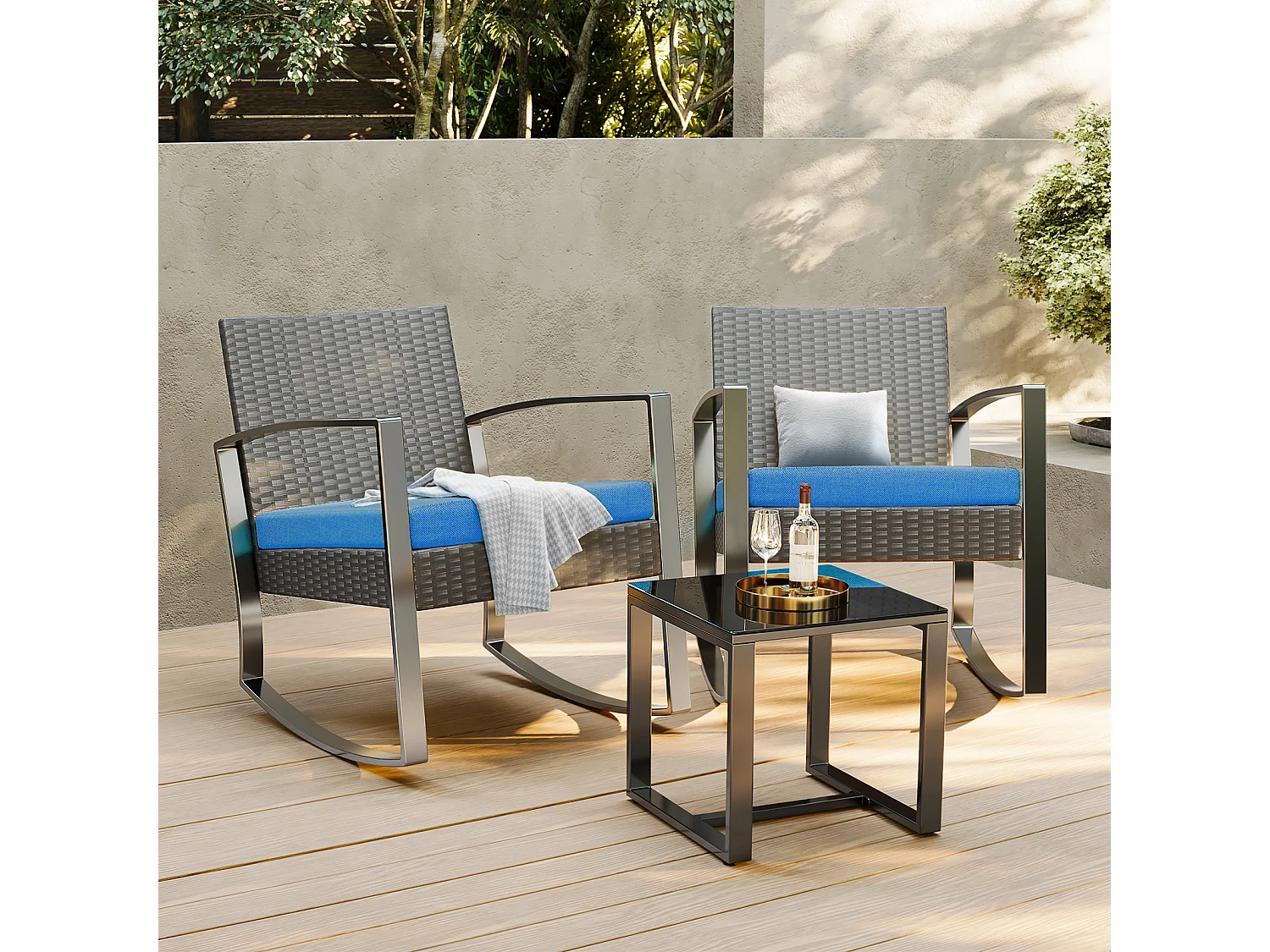 Bealife ensemble de fauteuil à bascule de jardin avec table d'appoint - bleu